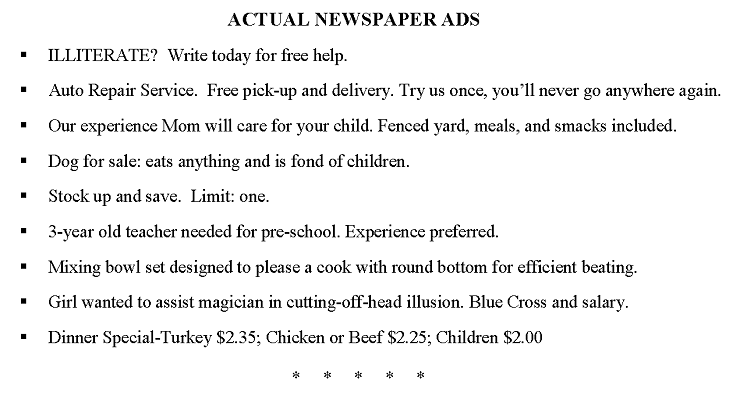 Humor - Actual newspaper ads